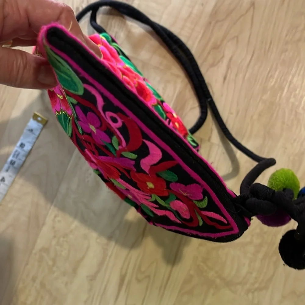 Colorful Embroidered Floral Boho Crossbody Shoulder Bag with Pom Poms
